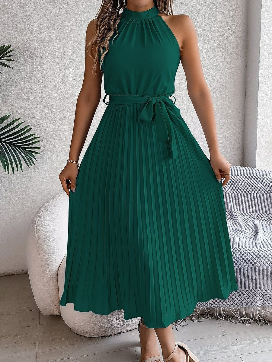 Elegante Vestido Largo Plisado para Mujer Sin-Mangas Cuello-Halter Con-Cinturón