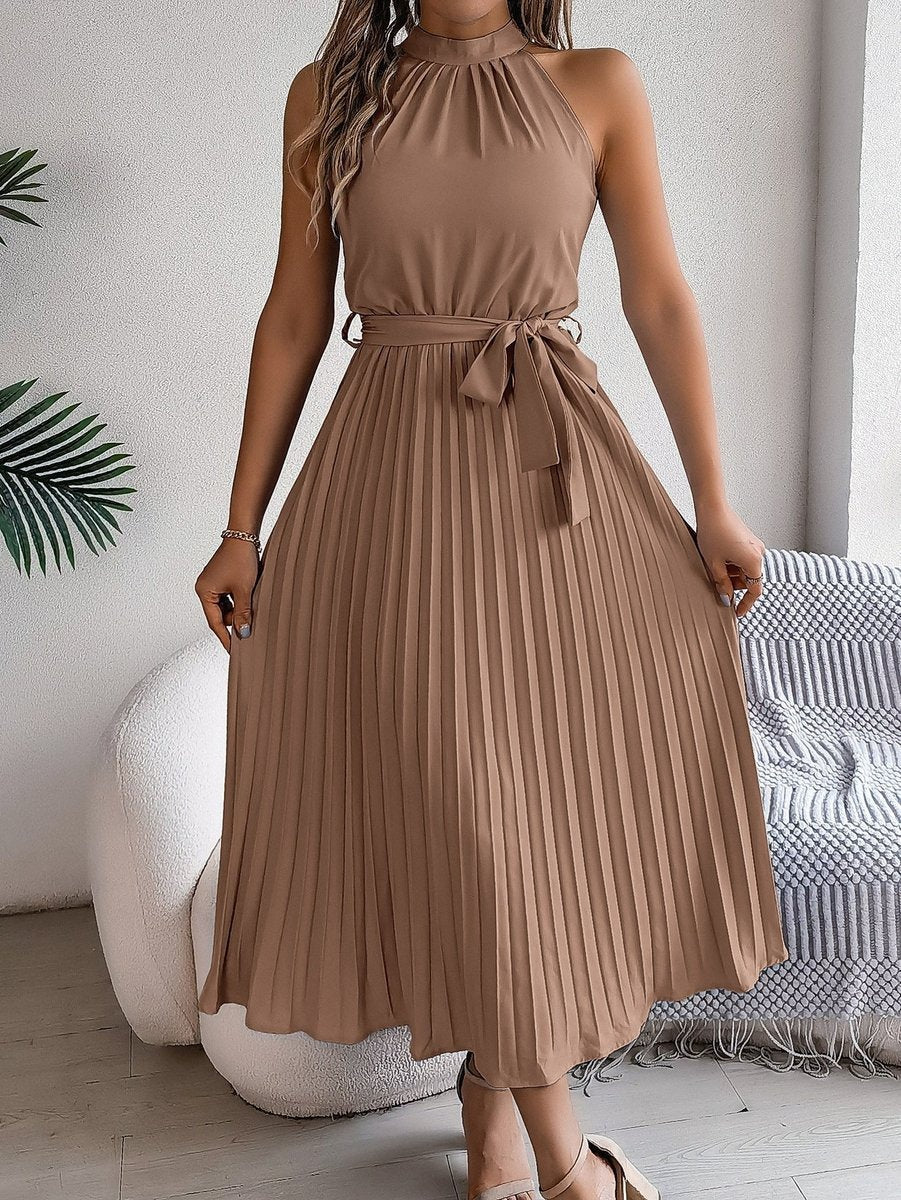 Elegante Vestido Largo Plisado para Mujer Sin-Mangas Cuello-Halter Con-Cinturón