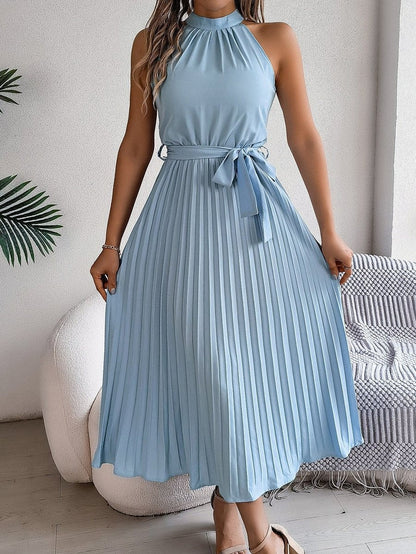 Elegante Vestido Largo Plisado para Mujer Sin-Mangas Cuello-Halter Con-Cinturón