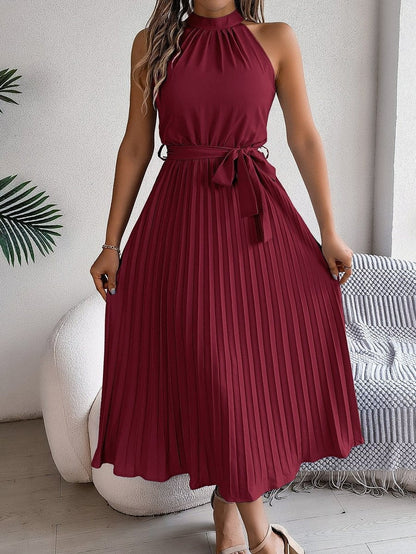 Elegante Vestido Largo Plisado para Mujer Sin-Mangas Cuello-Halter Con-Cinturón