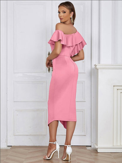 Elegante Vestido Midi de Volantes para Mujer Un-Hombro Ajustado Bajo-Asimétrico