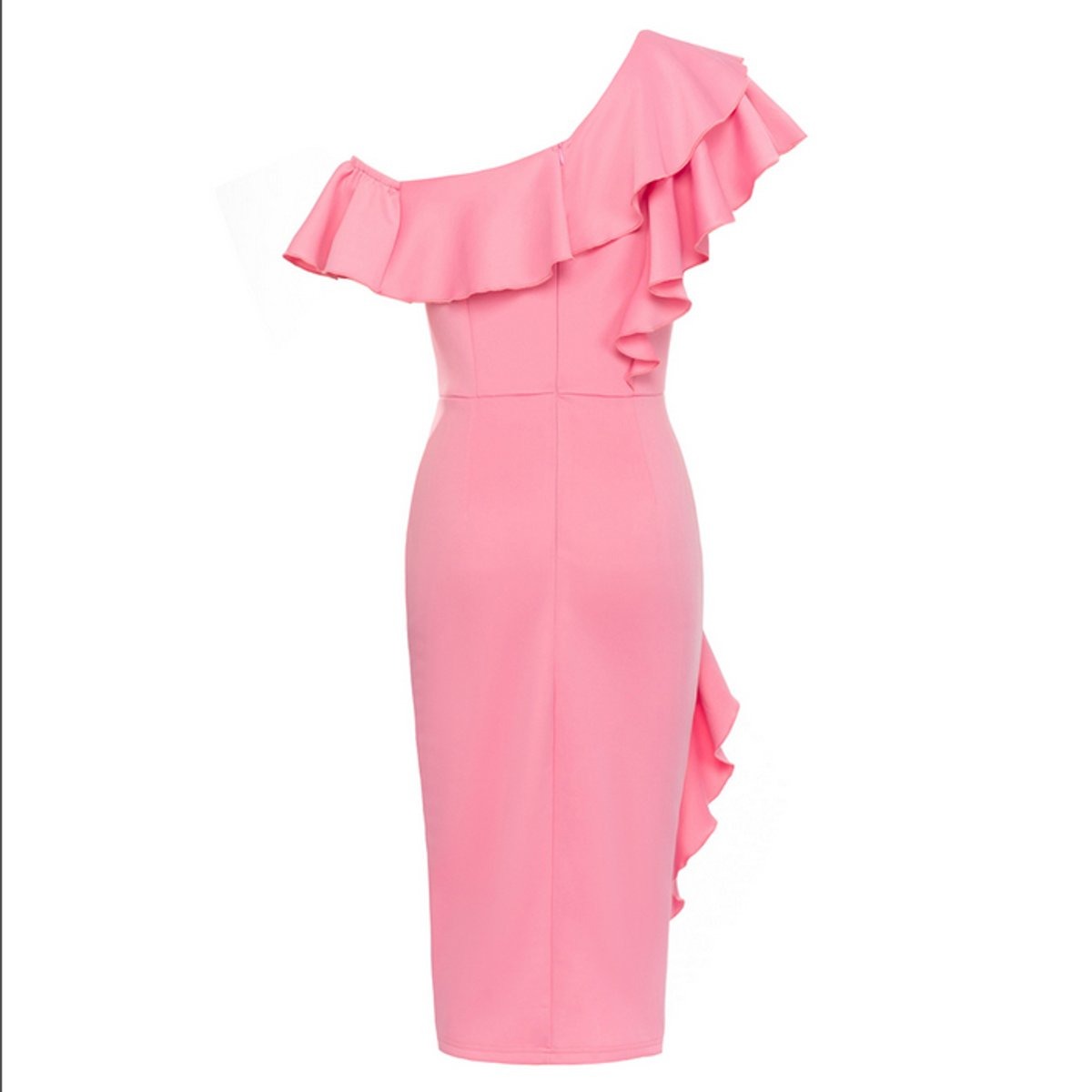 Elegante Vestido Midi de Volantes para Mujer Un-Hombro Ajustado Bajo-Asimétrico