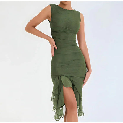 Elegante Vestido Midi Fruncido para Mujer Sin-Mangas Bajo-de-Volantes Ajustado