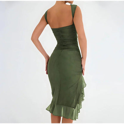 Elegante Vestido Midi Fruncido para Mujer Sin-Mangas Bajo-de-Volantes Ajustado