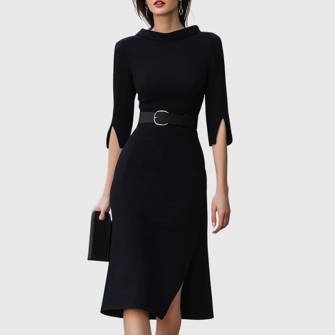 Elegante Vestido Midi para Mujer Con-Cinturón Corte-Entallado Fluido