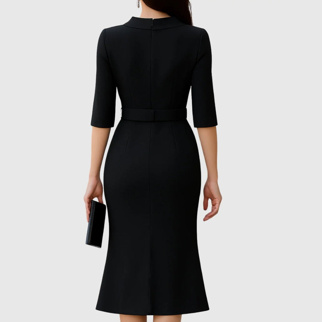 Elegante Vestido Midi para Mujer Con-Cinturón Corte-Entallado Fluido