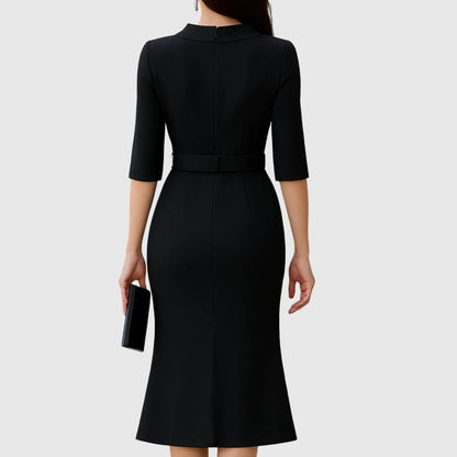 Elegante Vestido Midi para Mujer Con-Cinturón Corte-Entallado Fluido