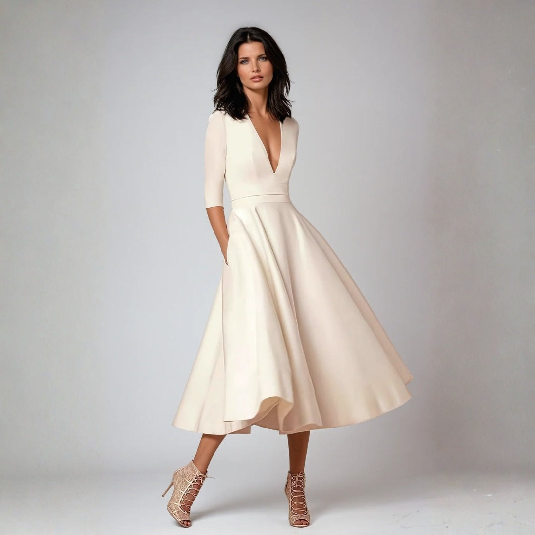 Elegante Vestido Midi para Mujer Corte-Acampanado Escote-Pronunciado Fluido