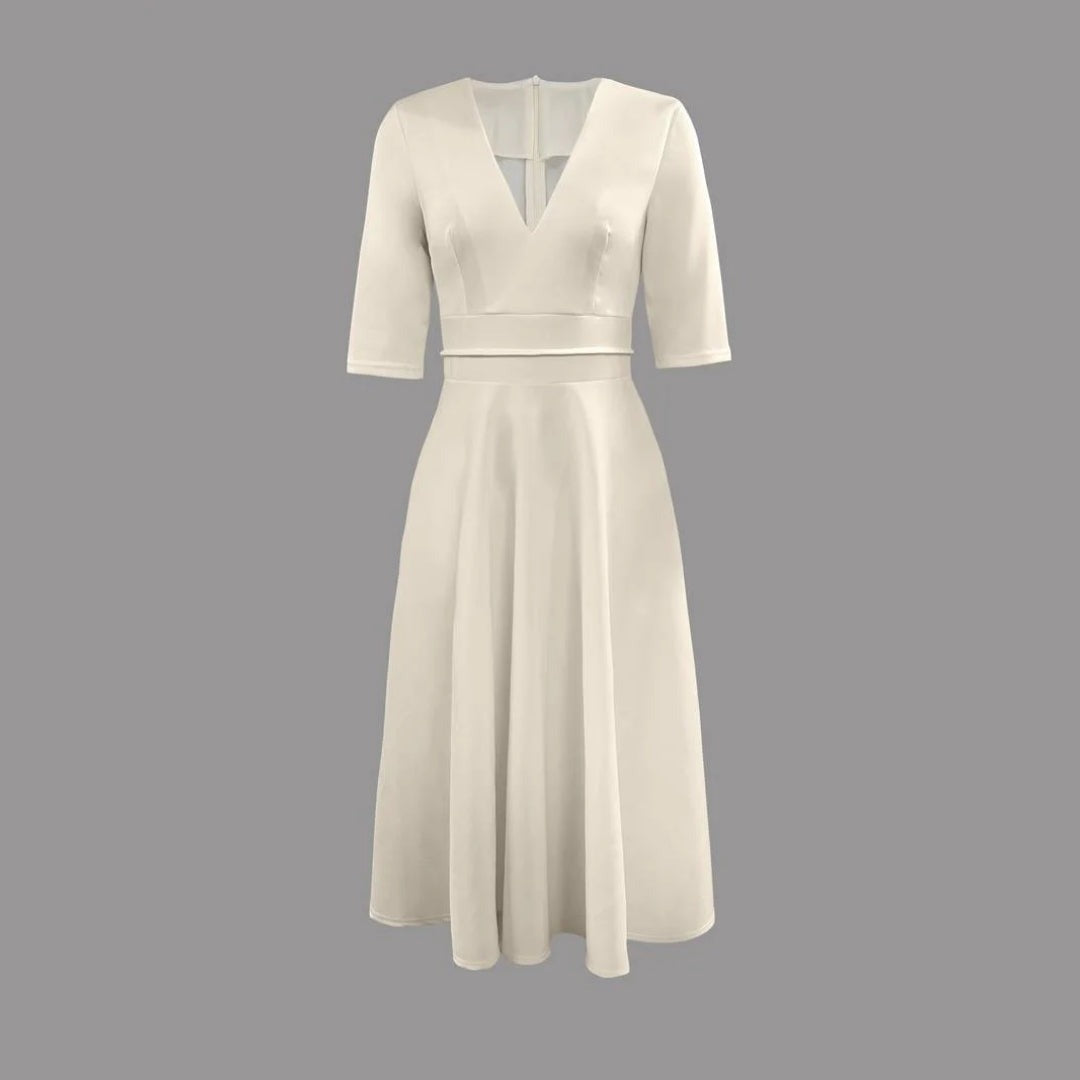 Elegante Vestido Midi para Mujer Corte-Acampanado Escote-Pronunciado Fluido
