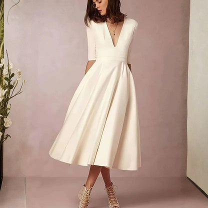 Elegante Vestido Midi para Mujer Corte-Acampanado Escote-Pronunciado Fluido