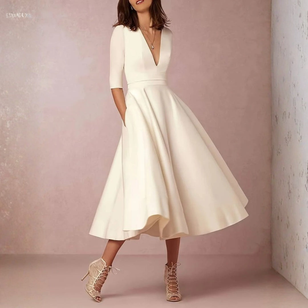 Elegante Vestido Midi para Mujer Corte-Acampanado Escote-Pronunciado Fluido