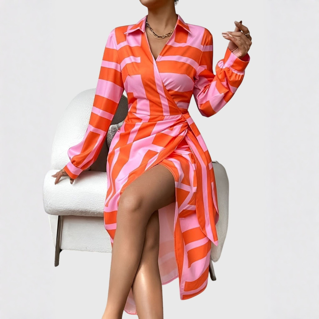 Elegante Vestido Midi para Mujer Cruzado De-Rayas Manga-Larga