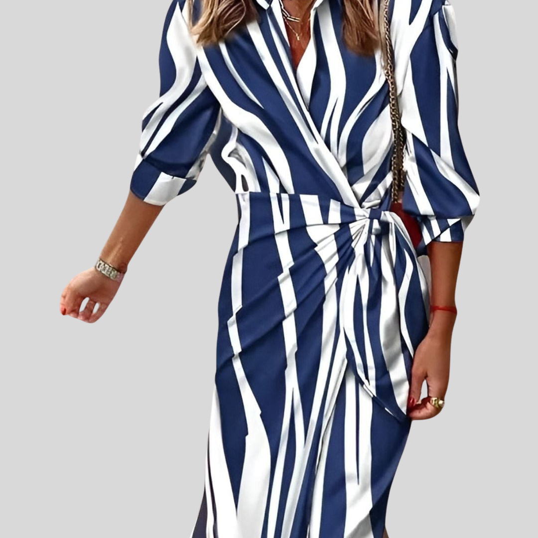 Elegante Vestido Midi para Mujer Cruzado De-Rayas Manga-Larga