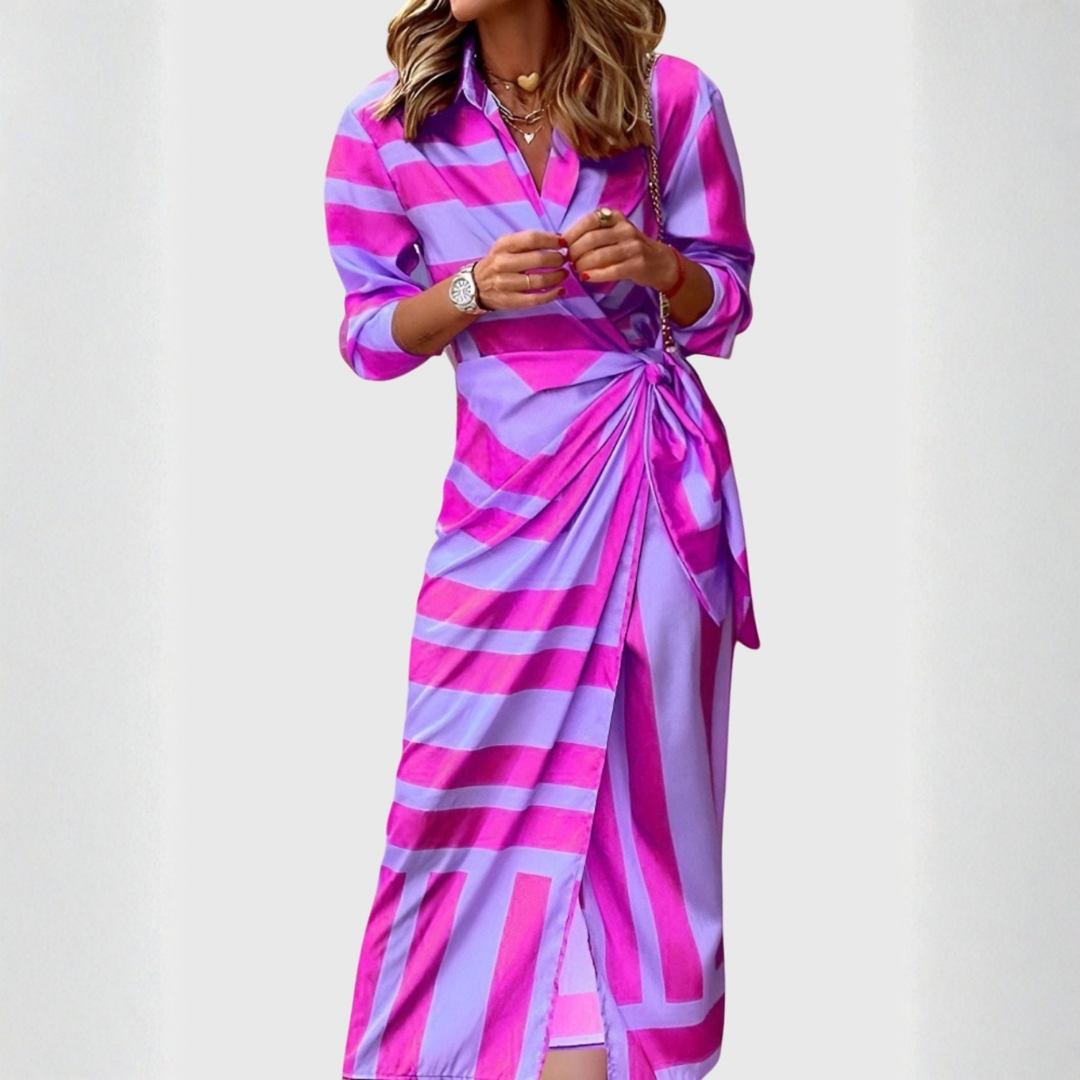 Elegante Vestido Midi para Mujer Cruzado De-Rayas Manga-Larga