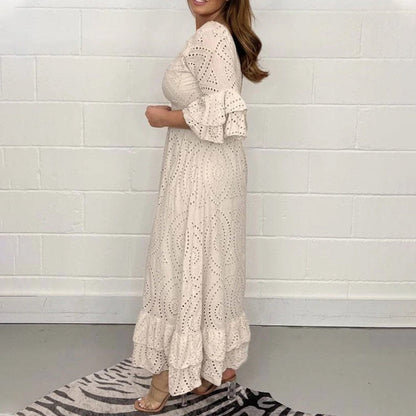 Elegante Vestido Midi para Mujer Cuello-Pico Bordado-Inglés Manga-Con-Volantes