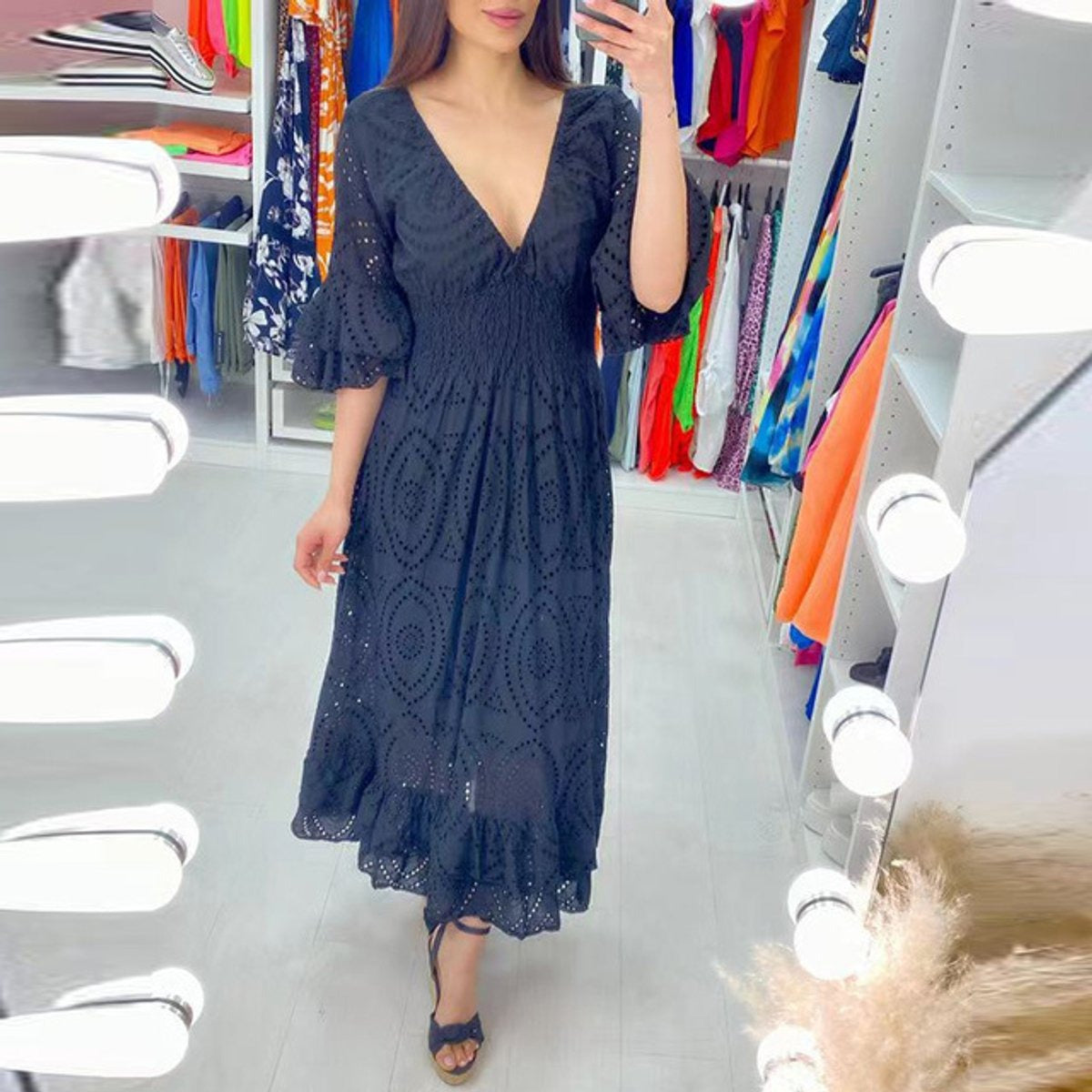 Elegante Vestido Midi para Mujer Cuello-Pico Bordado-Inglés Manga-Con-Volantes