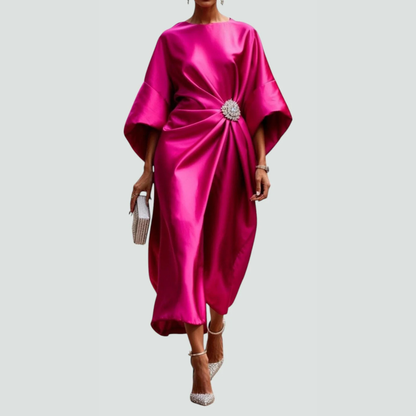 Elegante Vestido Midi para Mujer Drapeado Manga-Murciélago Fluido