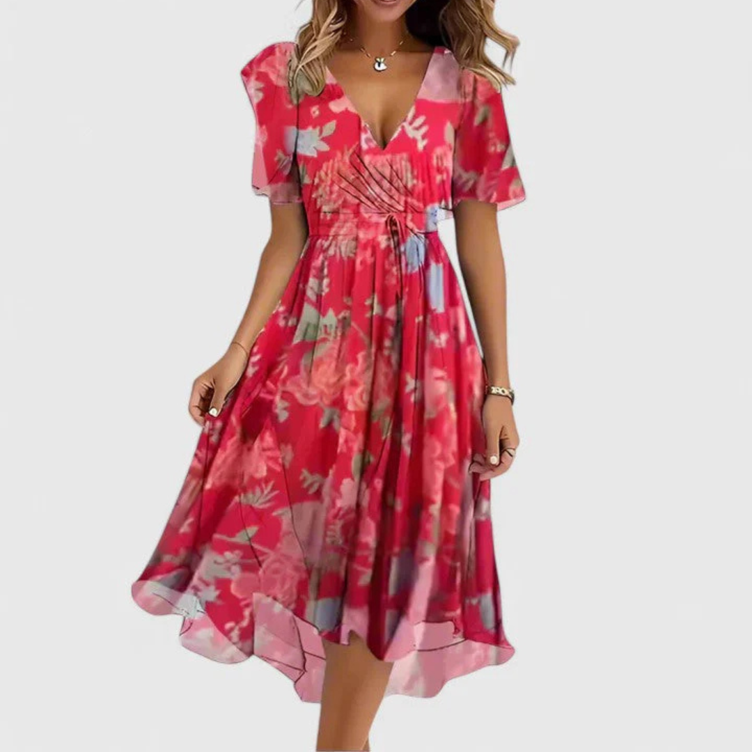Elegante Vestido Midi para Mujer Estampado-Floral Escote-En-V Fluido
