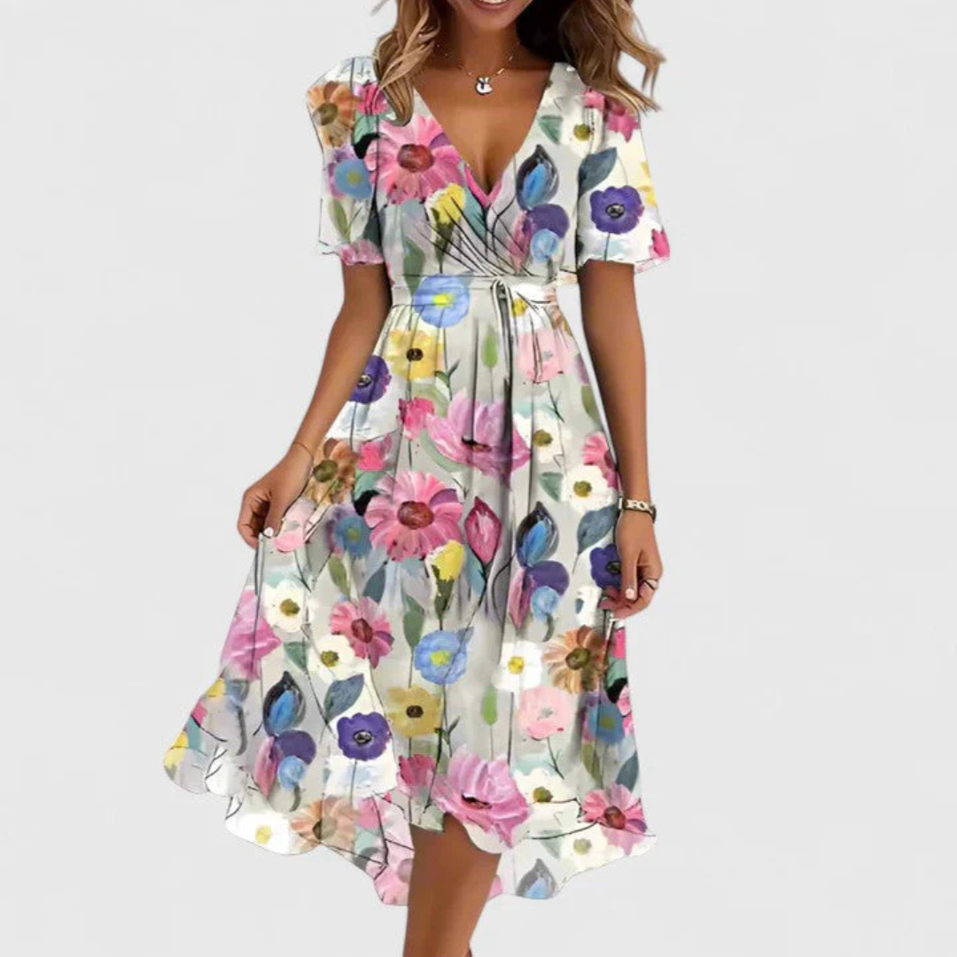 Elegante Vestido Midi para Mujer Estampado-Floral Escote-En-V Fluido