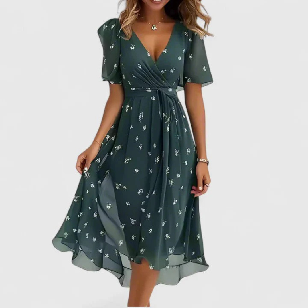 Elegante Vestido Midi para Mujer Estampado-Floral Escote-En-V Fluido