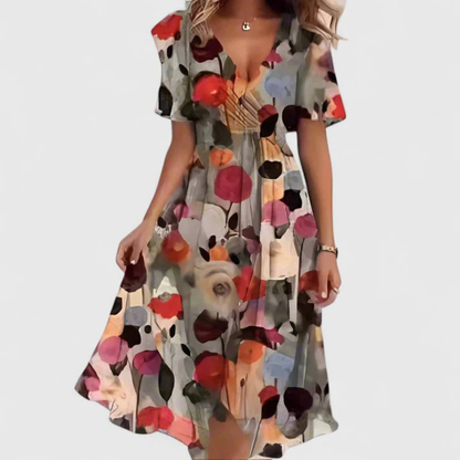 Elegante Vestido Midi para Mujer Estampado-Floral Escote-En-V Fluido
