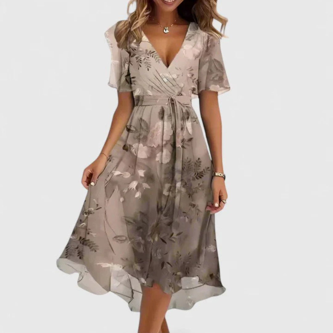 Elegante Vestido Midi para Mujer Estampado-Floral Escote-En-V Fluido