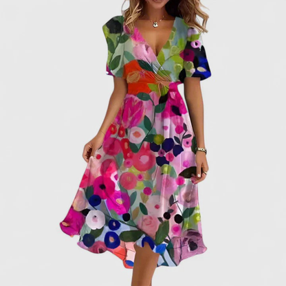Elegante Vestido Midi para Mujer Estampado-Floral Escote-En-V Fluido