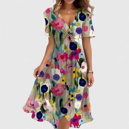 Elegante Vestido Midi para Mujer Estampado-Floral Escote-En-V Fluido