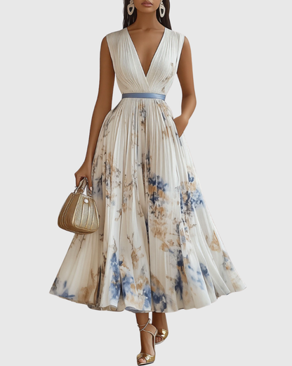 Elegante Vestido Midi para Mujer Sin-Mangas Plisado Estampado-Floral