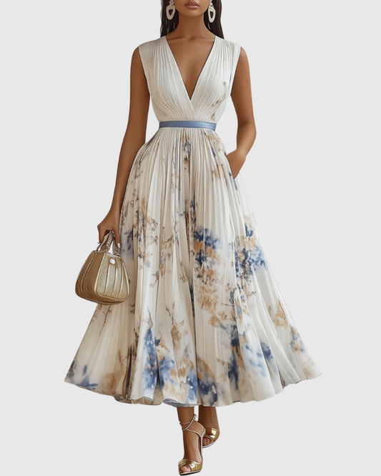 Elegante Vestido Midi para Mujer Sin-Mangas Plisado Estampado-Floral