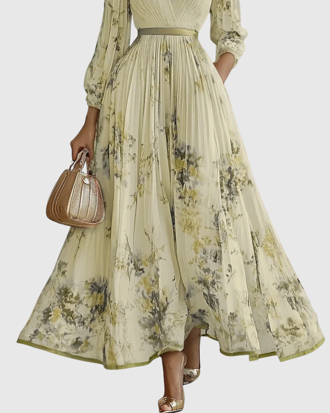 Elegante Vestido Midi para Mujer Sin-Mangas Plisado Estampado-Floral