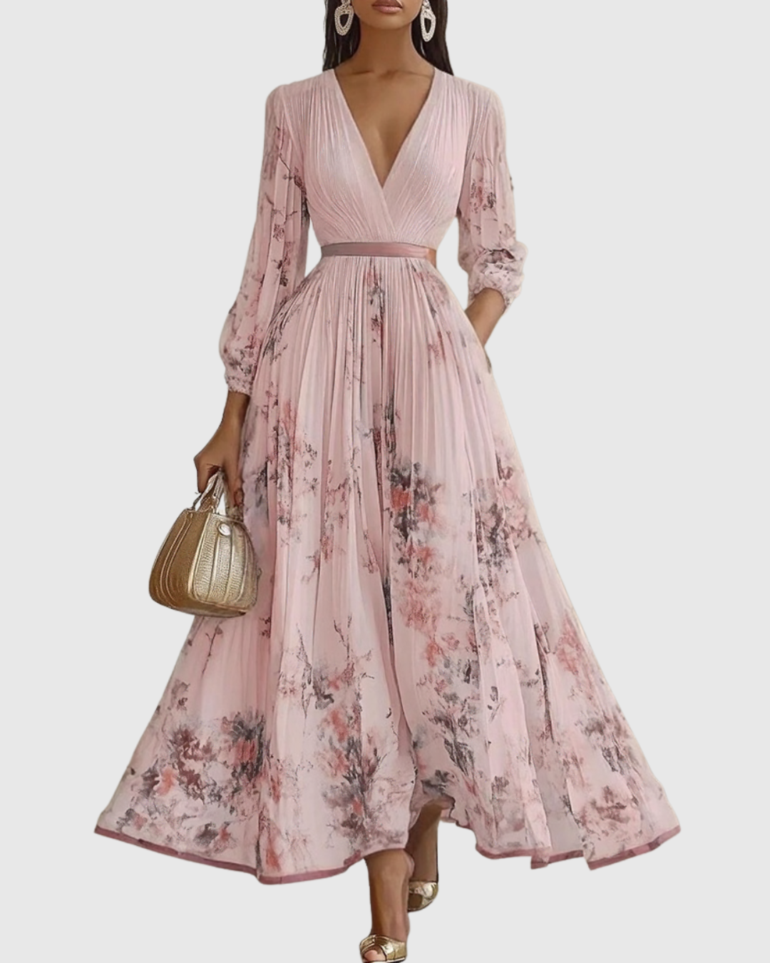 Elegante Vestido Midi para Mujer Sin-Mangas Plisado Estampado-Floral