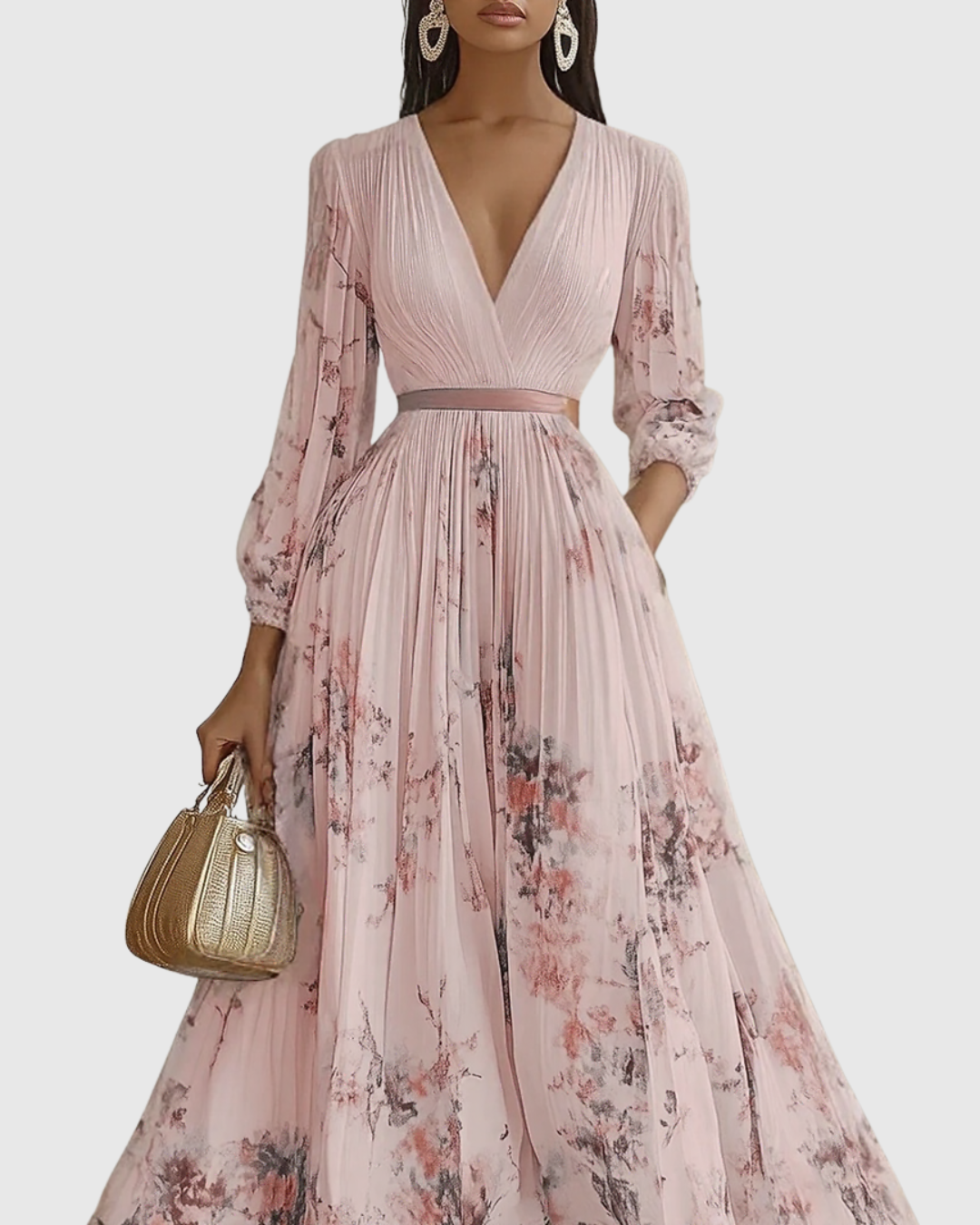 Elegante Vestido Midi para Mujer Sin-Mangas Plisado Estampado-Floral