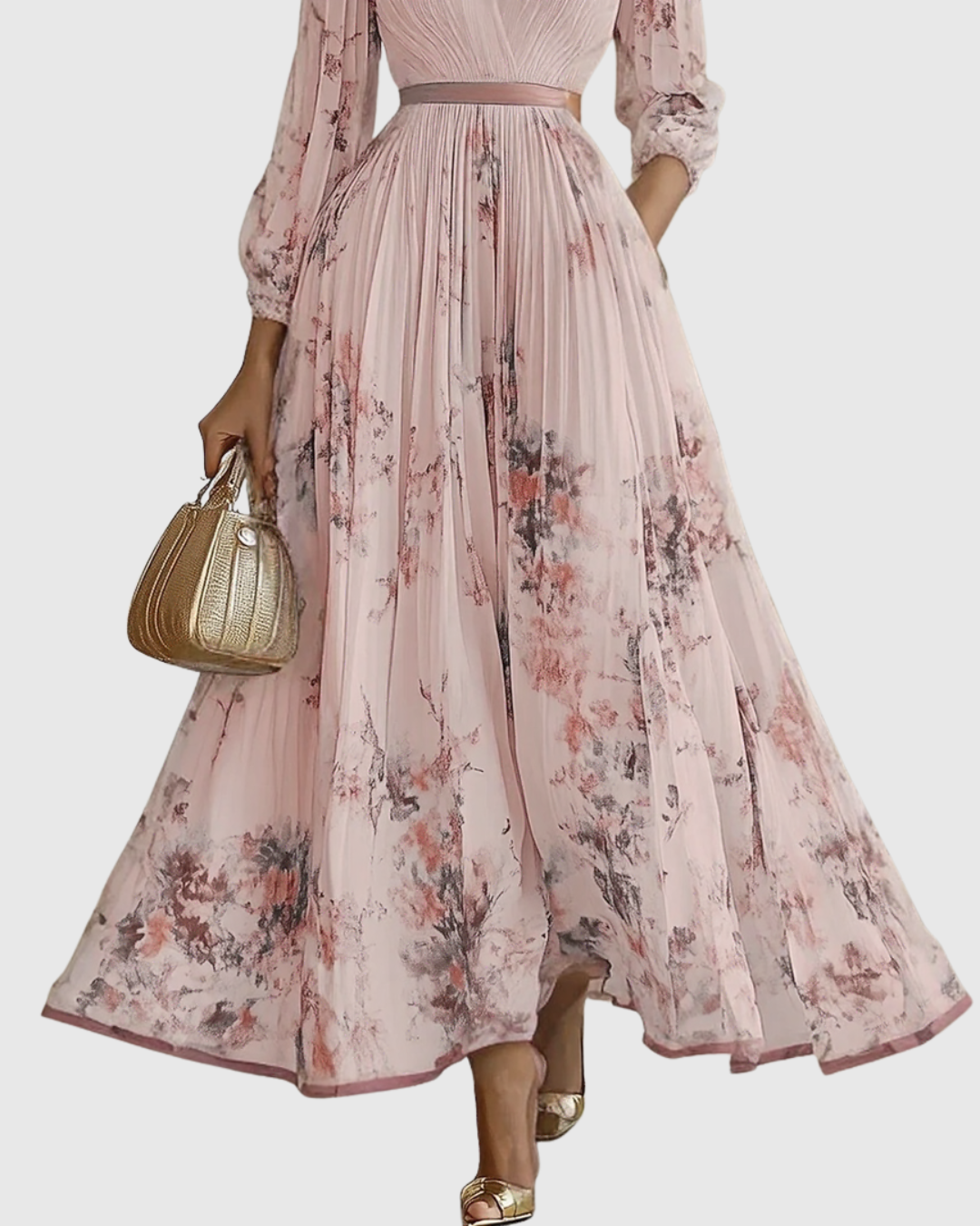 Elegante Vestido Midi para Mujer Sin-Mangas Plisado Estampado-Floral