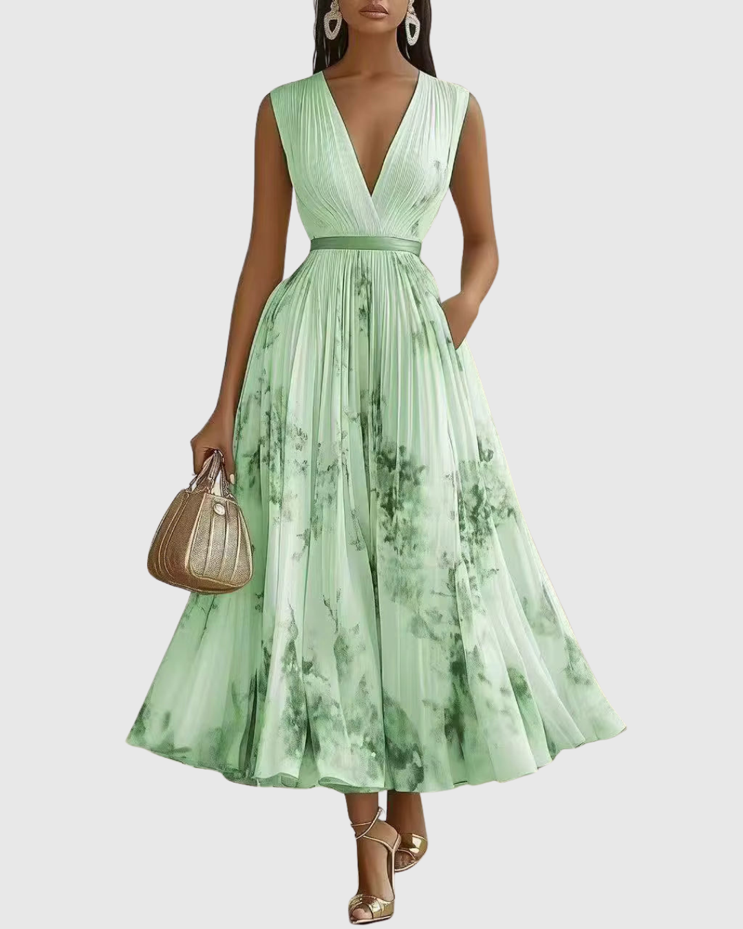 Elegante Vestido Midi para Mujer Sin-Mangas Plisado Estampado-Floral