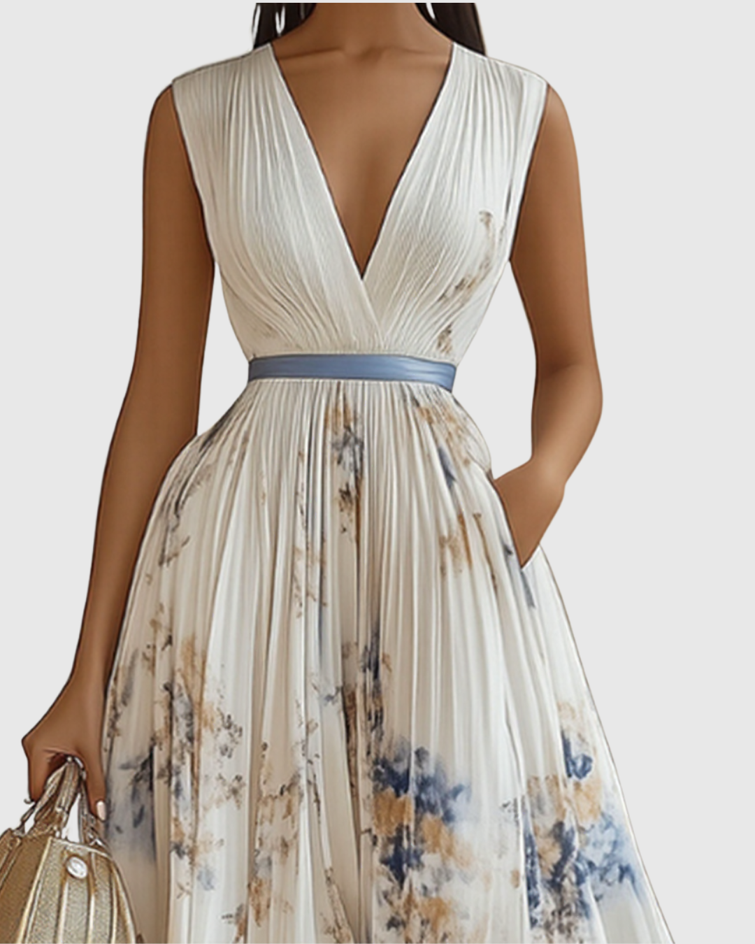 Elegante Vestido Midi para Mujer Sin-Mangas Plisado Estampado-Floral