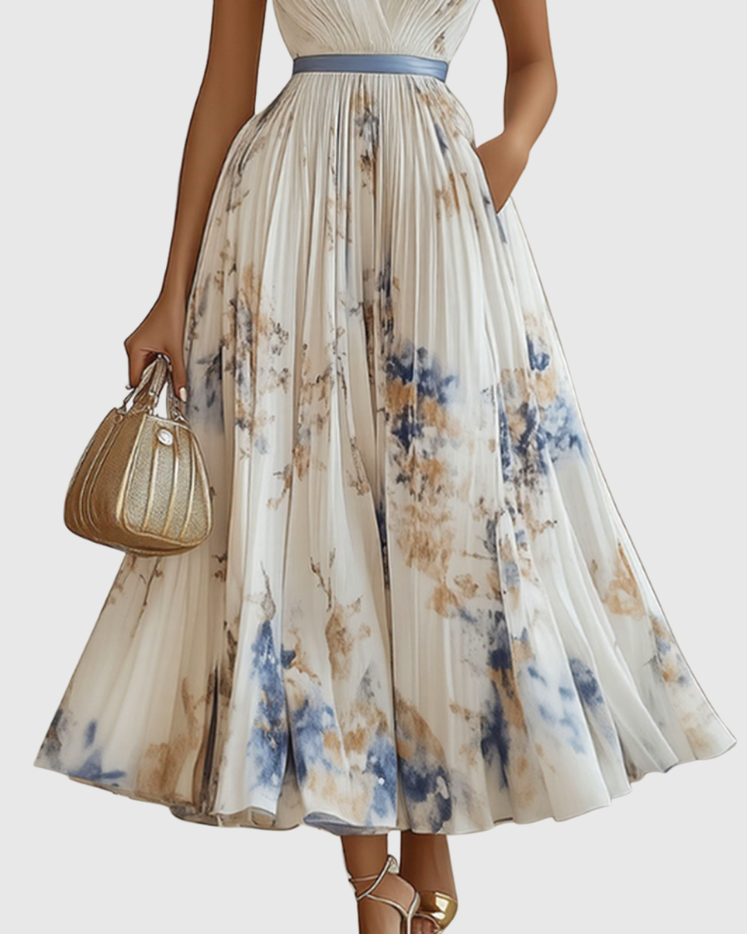 Elegante Vestido Midi para Mujer Sin-Mangas Plisado Estampado-Floral