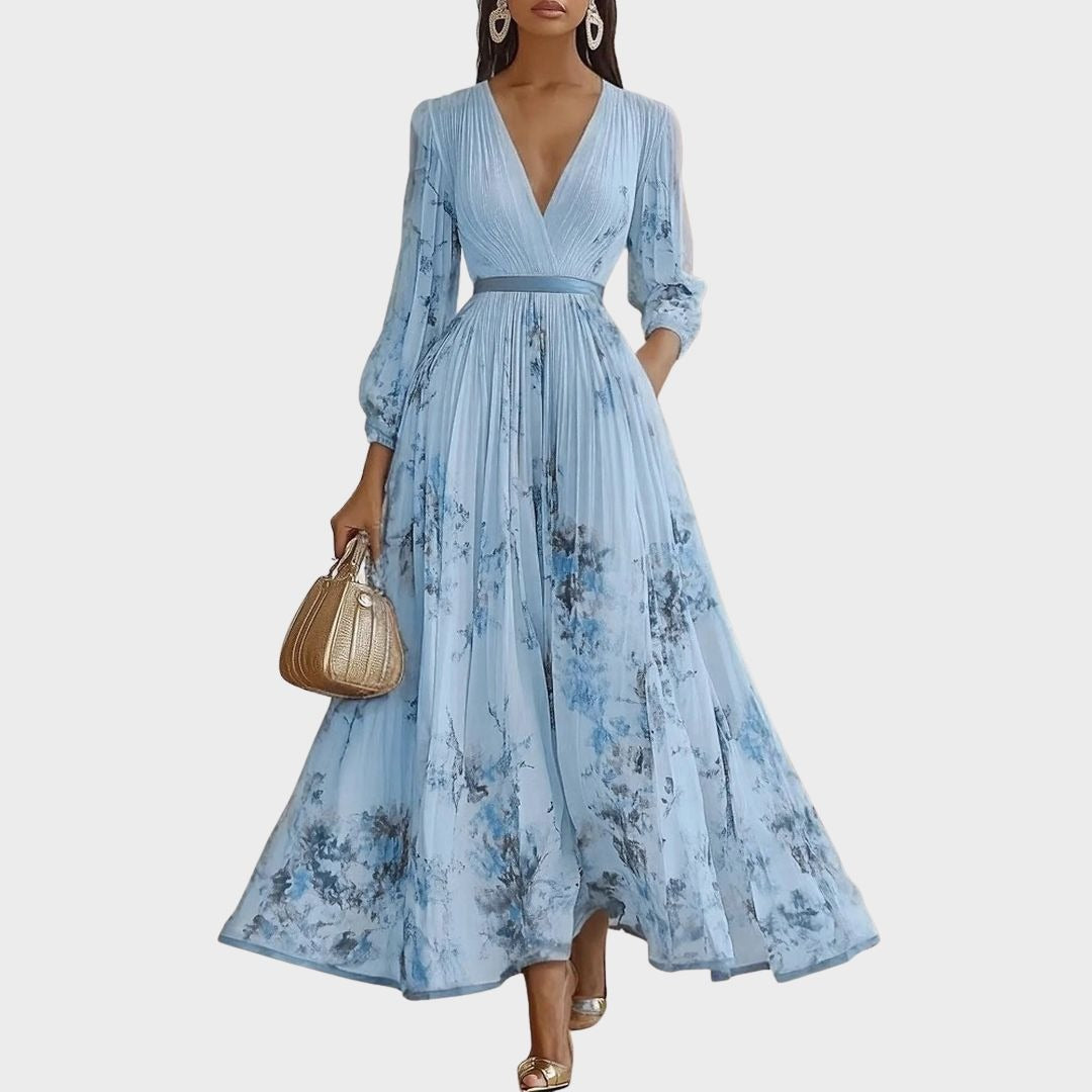 Elegante Vestido Midi para Mujer Sin-Mangas Plisado Estampado-Floral