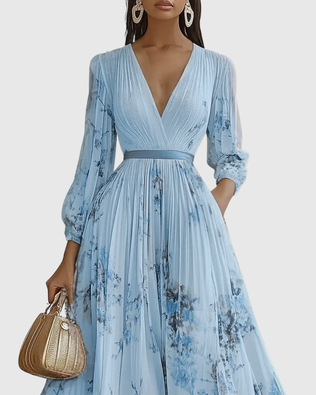 Elegante Vestido Midi para Mujer Sin-Mangas Plisado Estampado-Floral