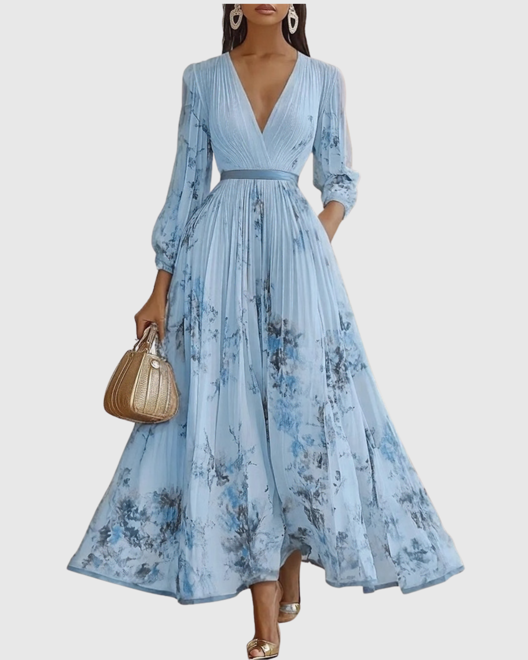 Elegante Vestido Midi para Mujer Sin-Mangas Plisado Estampado-Floral