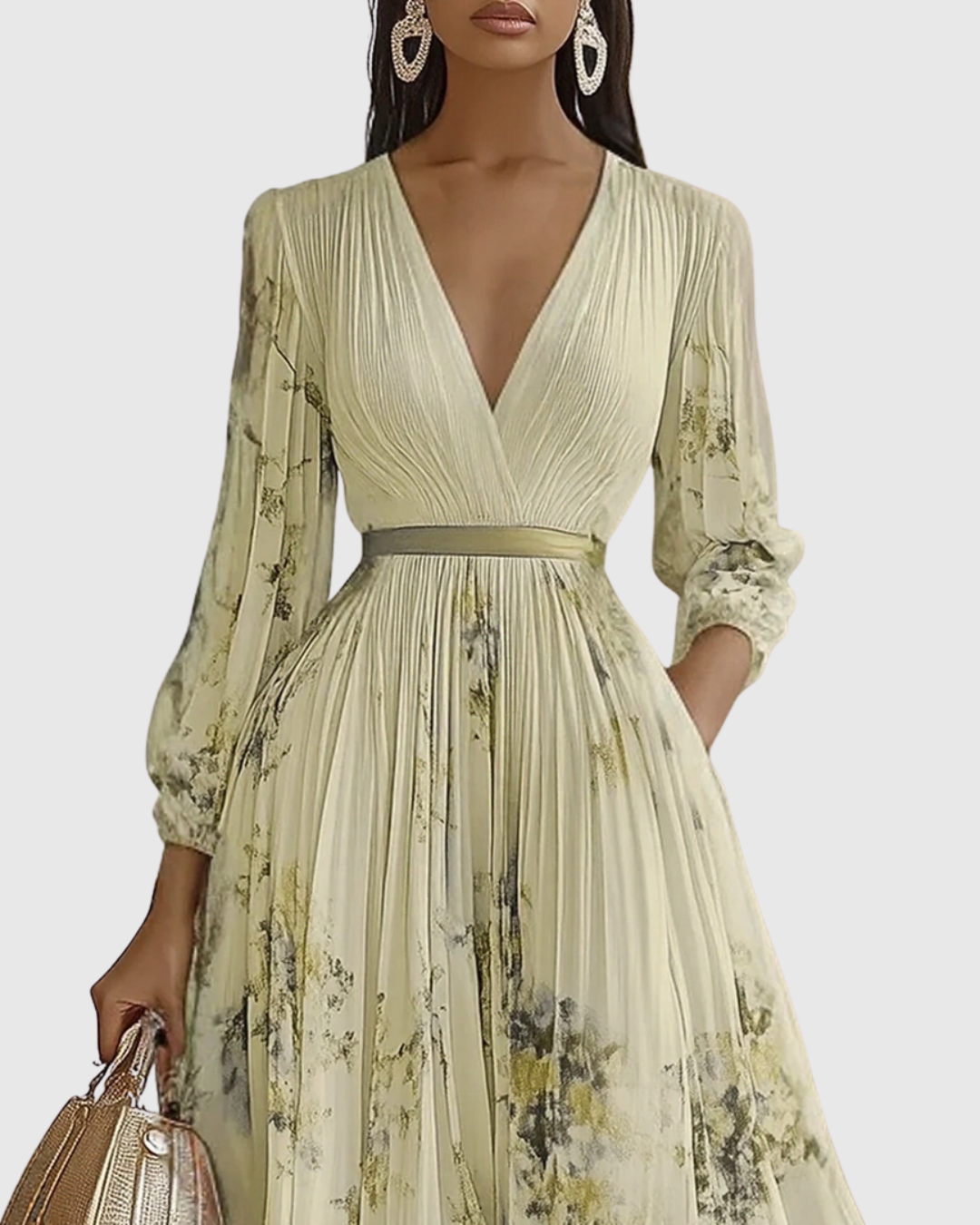 Elegante Vestido Midi para Mujer Sin-Mangas Plisado Estampado-Floral