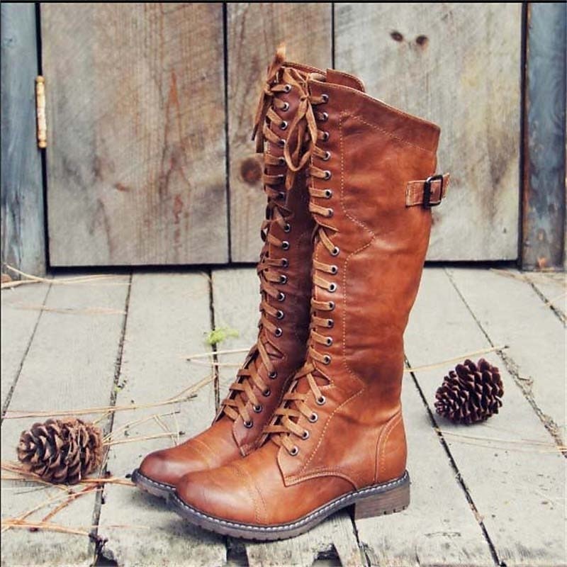 Elegantes Botas Altas para Mujer Estilo-Ecuestre Con-Cordones Suela-Robusta