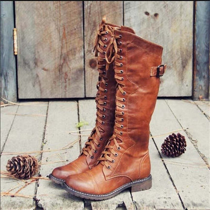 Elegantes Botas Altas para Mujer Estilo-Ecuestre Con-Cordones Suela-Robusta