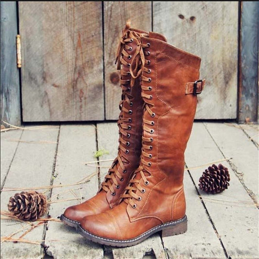 Elegantes Botas Altas para Mujer Estilo-Ecuestre Con-Cordones Suela-Robusta