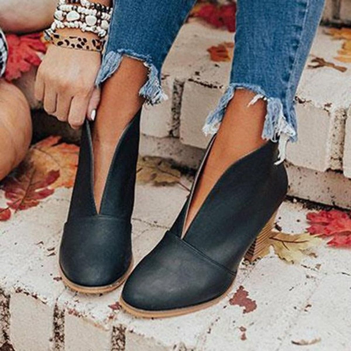 Elegantes Botines para Mujer Punta-Fina Tacón-Ancho Escote-en-V