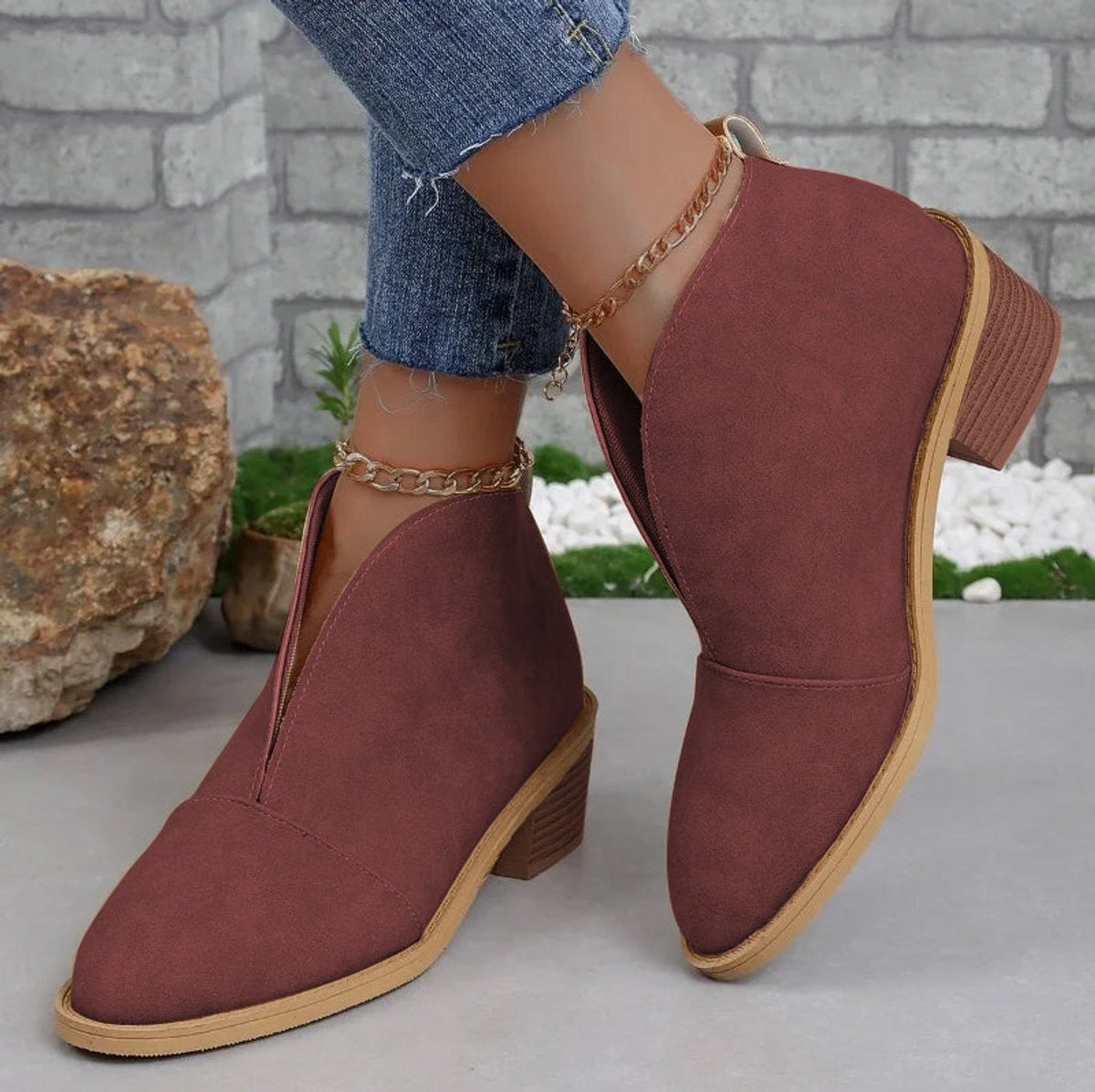 Elegantes Botines para Mujer Punta-Fina Tacón-Ancho Escote-en-V
