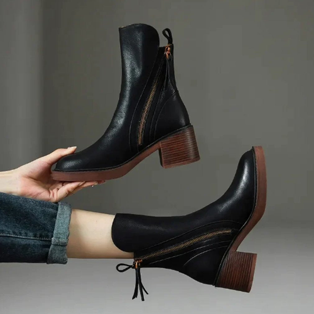 Elegantes Botines para Mujer Tacón-Ancho Con-Cremallera Punta-Fina