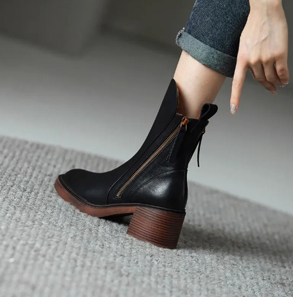 Elegantes Botines para Mujer Tacón-Ancho Con-Cremallera Punta-Fina