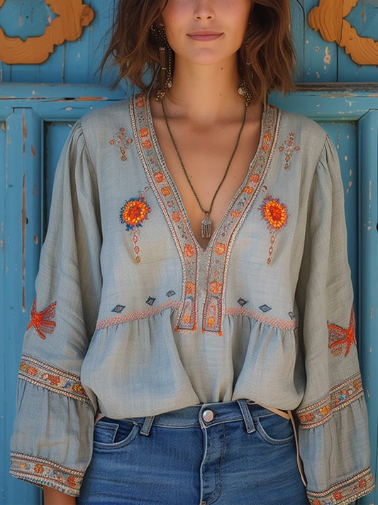 Estilosa Blusa Boho para Mujer Escote-en-V Con-Bordado Fluida