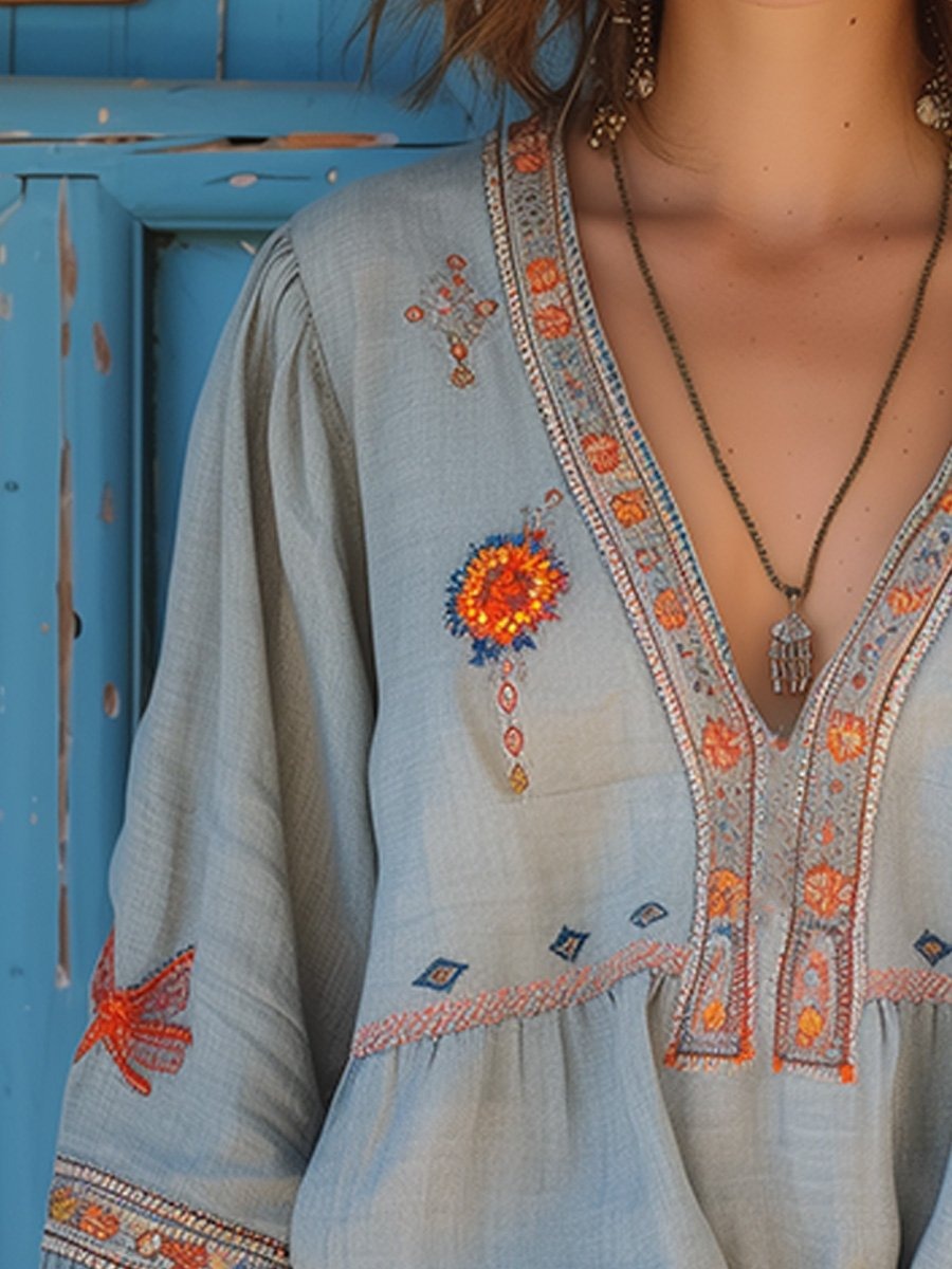 Estilosa Blusa Boho para Mujer Escote-en-V Con-Bordado Fluida